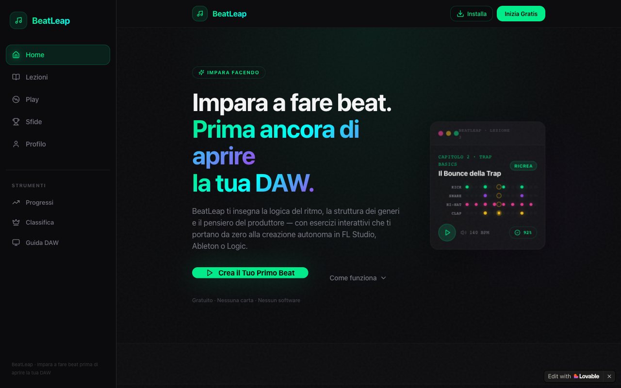 BeatLeap home page: “Learn to make beats, before you even open your DAW”