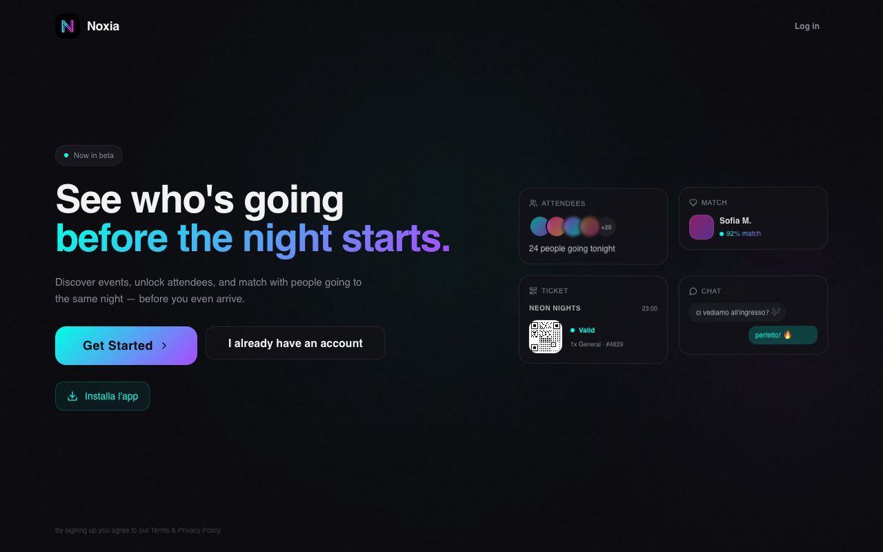 Noxia home page: “See who's going before the night starts”