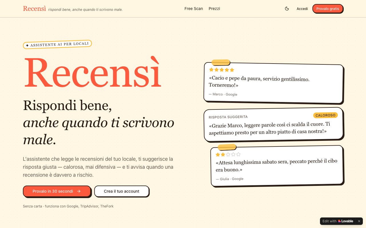 Recensì home page: “Reply well, even when they write badly”