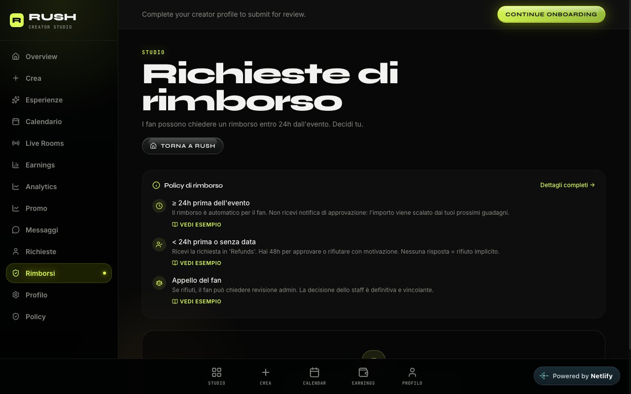 The refund requests page of the Rush Creator Studio, with the refund policy
