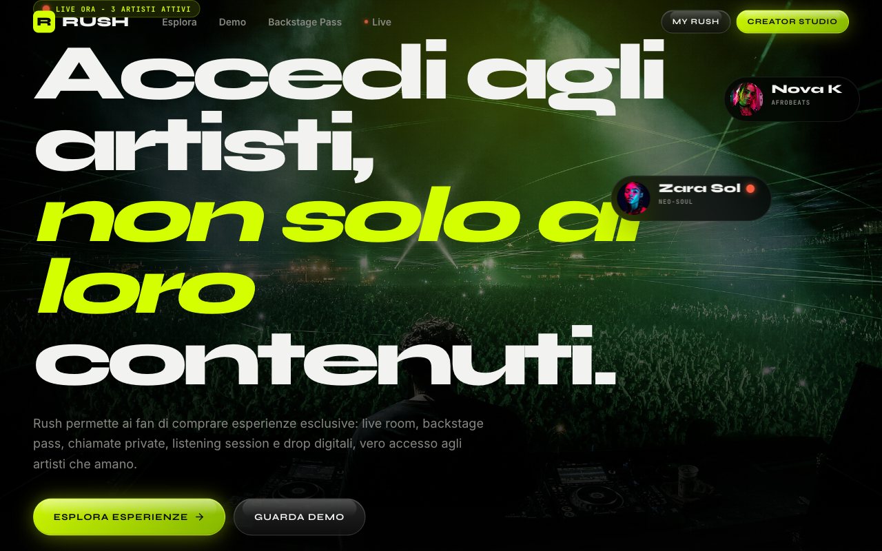 Rush home page: “Access the artists, not just their content”