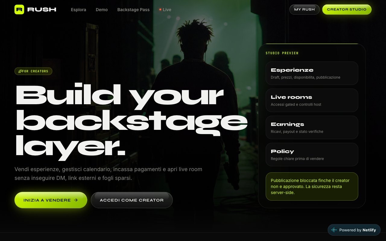 Rush page for artists: “Build your backstage layer”